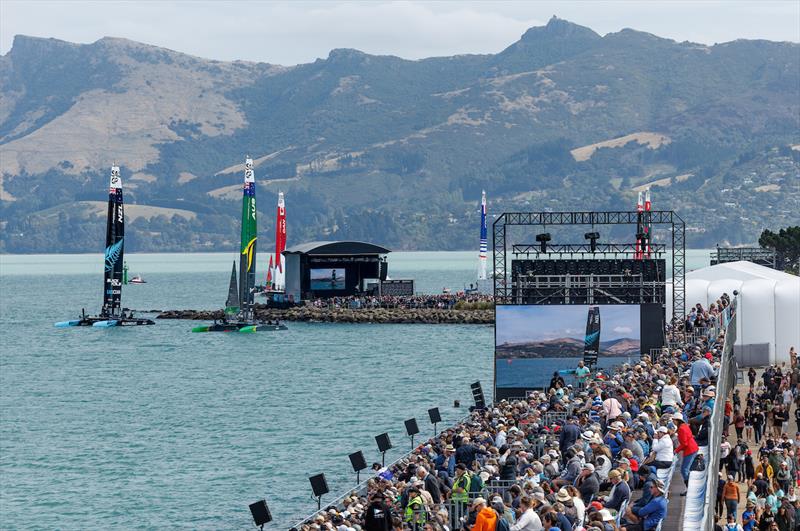 New Zealand SailGP Team and Australia SailGP Team on the water in front of spectators in the grandstand ahead of racing on Race Day 1 of the ITM New Zealand Sail Grand Prix in Christchurch, New Zealand. March 23, 2024 photo copyright Brett Phibbs/SailGP taken at Naval Point Club Lyttelton and featuring the F50 class