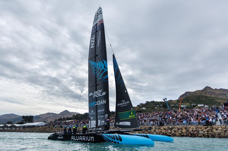 The New Zealand SailGP Team on the water in front of the Grandstand as racing is on hold due to mammals on the course on Race Day 1 of the ITM New Zealand Sail Grand Prix in Christchurch, New Zealand photo copyright Chloe Knott for SailGP taken at  and featuring the F50 class