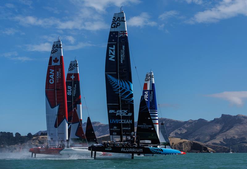 New Zealand SailGP Team  lead alongside France SailGP Team in front of Canada SailGP Team and Switzerland SailGP Team during racing on Race Day 2 ITM New Zealand Sail Grand Prix in Christchurch, March 24, 2024 photo copyright Chloe Knott/SailGP taken at Naval Point Club Lyttelton and featuring the F50 class