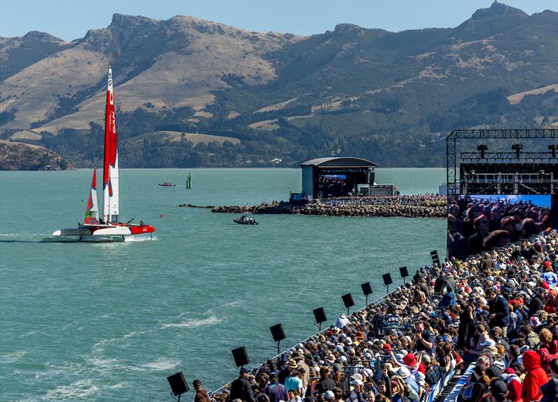 Canada SailGP Team helmed by Phil Robertson passes the grandstand on Race Day 2  in action ITM New Zealand Sail Grand Prix in Christchurch, March 24, 2024 photo copyright Brett Phibbs/SailGP taken at Naval Point Club Lyttelton and featuring the F50 class