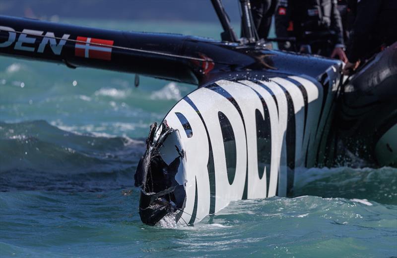 Damage to the bow of the ROCKWOOL Denmark SailGP Team F50 catamaran after a collision with USA SailGP Team on Race Day 2 of the ITM New Zealand Sail Grand Prix in Christchurch, New Zealand photo copyright Chloe Knott for SailGP taken at  and featuring the F50 class