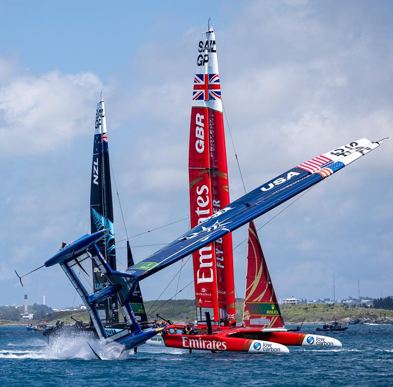 USA SailGP Team capsize as they sail closely past Emirates Great Britain SailGP Team and New Zealand SailGP Team during a practise session ahead of the Apex Group Bermuda Sail Grand Prix in Bermuda - May 3, 2024 - photo © Felix Diemer/SailGP