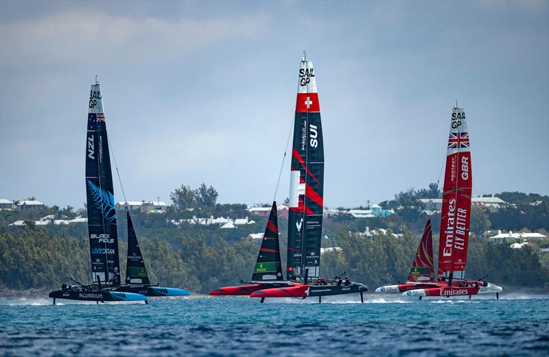 New Zealand SailGP Team helmed by Peter Burling,Switzerland SailGP Team helmed by Nathan Outteridge and Emirates Great Britain SailGP Team helmed by Giles Scott in action during a practice session ahead of the Apex Group Bermuda Sail Grand Prix - photo © Samo Vidic for SailGP