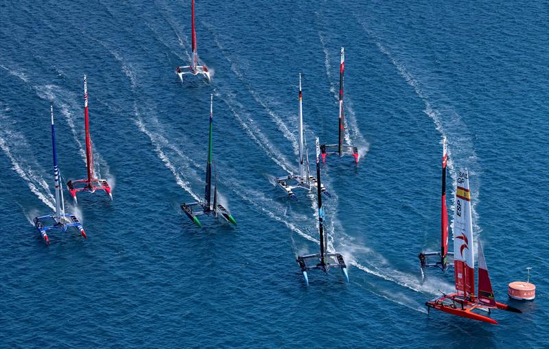 Spain SailGP Team helmed by Diego Botin ahead ROCKWOOL Denmark SailGP Team and New Zealand SailGP Team as they lead the fleet on Race Day 2 of the Apex Group Bermuda Sail Grand Prix photo copyright Bob Martin for SailGP taken at  and featuring the F50 class