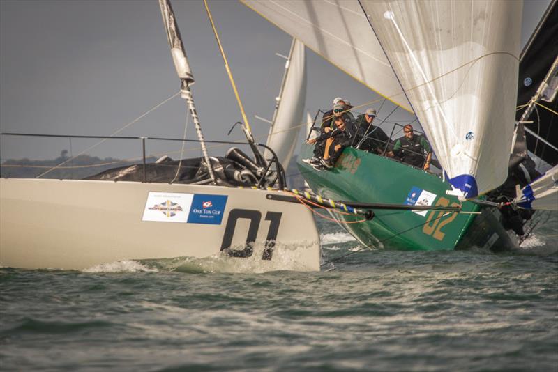 Peter Morton's Girls on Film and Stewart Whitehead's Rebellion on day 3 of the 2018 Wight Shipyard One Ton Cup photo copyright VR Sport Media taken at Royal Ocean Racing Club and featuring the Fast 40 class