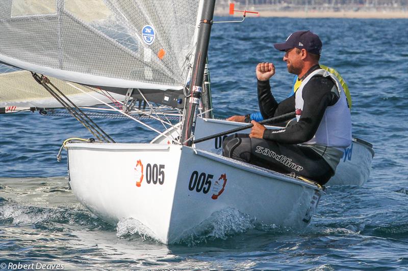 Caleb Paine on the final day of the Finn Europeans in Barcelona photo copyright Robert Deaves taken at  and featuring the Finn class