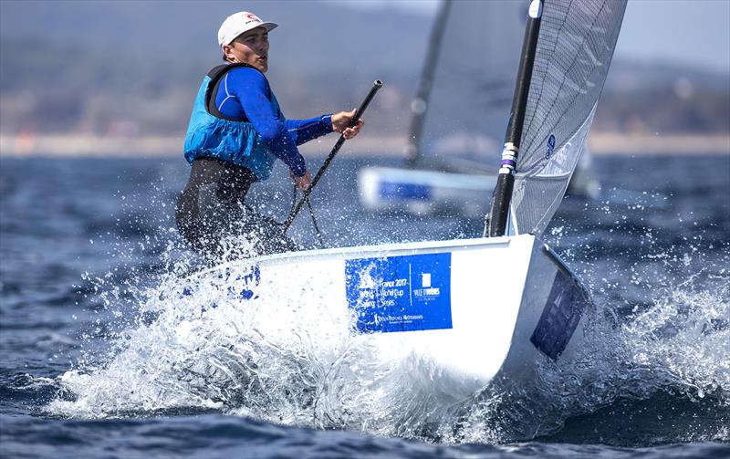 Ben Cornish on day 1 at World Cup Hyères photo copyright Richard Langdon / British Sailing Team taken at COYCH Hyeres and featuring the Finn class