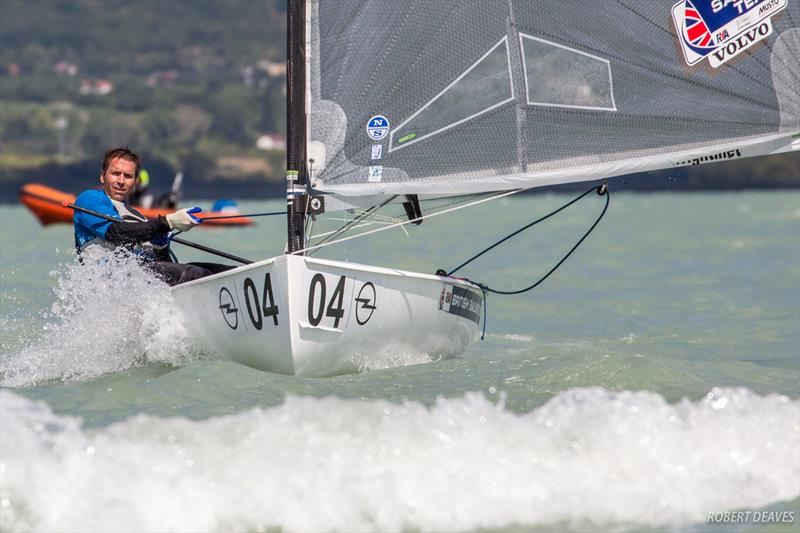 Ed Wright on day one of the 2017 Opel Finn Gold Cup at Lake Balaton photo copyright Robert Deaves taken at Spartacus Sailing Club and featuring the Finn class
