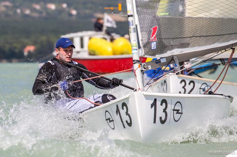 Nenad Bugarin on day one of the 2017 Opel Finn Gold Cup at Lake Balaton photo copyright Robert Deaves taken at Spartacus Sailing Club and featuring the Finn class