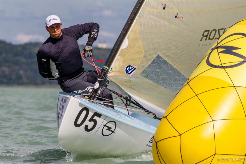 Deniss Karpak on day one of the 2017 Opel Finn Gold Cup at Lake Balaton photo copyright Robert Deaves taken at Spartacus Sailing Club and featuring the Finn class