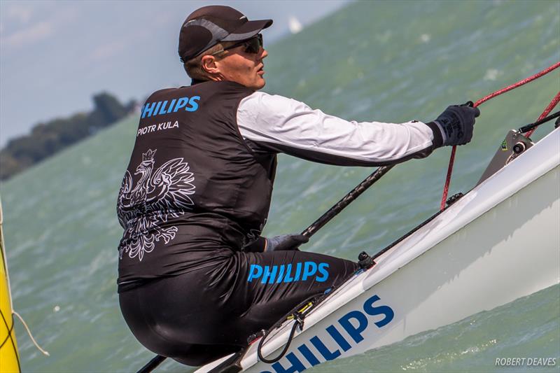 Piotr Kula on day one of the 2017 Opel Finn Gold Cup at Lake Balaton photo copyright Robert Deaves taken at Spartacus Sailing Club and featuring the Finn class