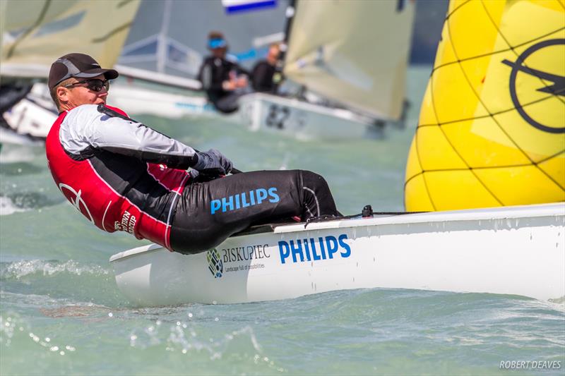 Piotr Kula on day two of the 2017 Opel Finn Gold Cup at Lake Balaton photo copyright Robert Deaves taken at Spartacus Sailing Club and featuring the Finn class