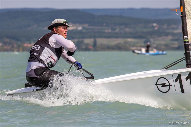 Oskari Muhonen on day two of the 2017 Opel Finn Gold Cup at Lake Balaton photo copyright Robert Deaves taken at Spartacus Sailing Club and featuring the Finn class