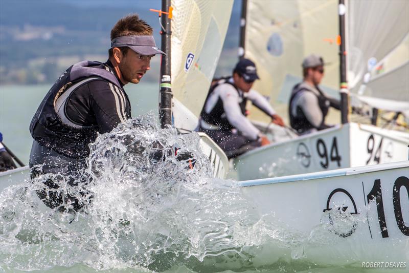 Arkadiy Kistanov on day two of the 2017 Opel Finn Gold Cup at Lake Balaton photo copyright Robert Deaves taken at Spartacus Sailing Club and featuring the Finn class