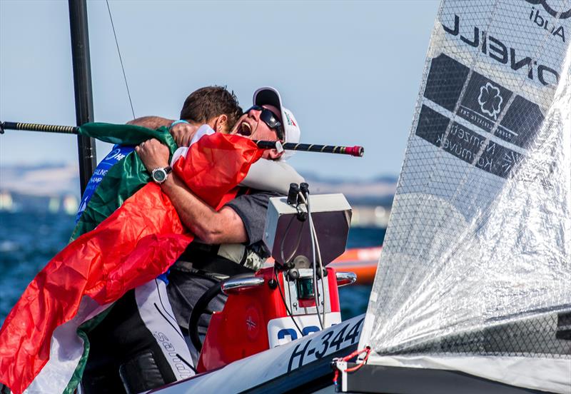 Zsomber Berecz (HUN) - Finn - celebrates Hungary's first ever sailing world championship win - Day 8 - Hempel Sailing World Championships, Aarhus, Denmark photo copyright Sailing Energy / World Sailing taken at  and featuring the Finn class