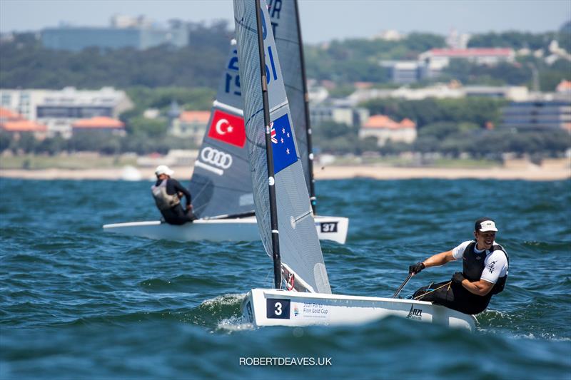 Andy Maloney (NZL) leads after Day 1 at the Finn Gold Cup, in Porto Portugal photo copyright Robert Deaves taken at Vilamoura Sailing and featuring the Finn class