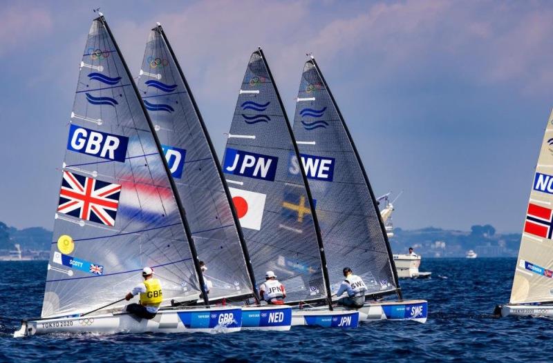 Finn fleet - Tokyo 2020 Olympic Sailing Competition day 8 photo copyright Sailing Energy / World Sailing taken at  and featuring the Finn class