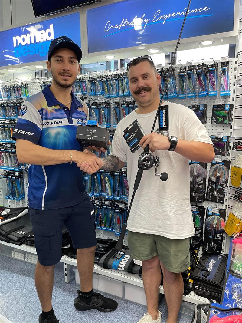 Dylan Fryer was the lucky winner of the $1000 shopping spree. Staff member Dane set him up with a mint Daiwa Lexa/Nomad slow pitch jigging combo for an upcoming trip photo copyright Fisho's Tackle World taken at  and featuring the Fishing boat class