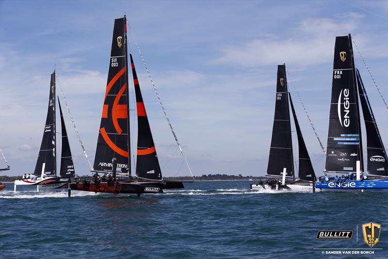 A foiling start on day 1 of GC32 Cowes Cup event, which will conclude with the  J.P. Morgan Asset Management Round the Island Race photo copyright Sander van der Borch / Bullitt GC32 Racing Tour taken at  and featuring the GC32 class