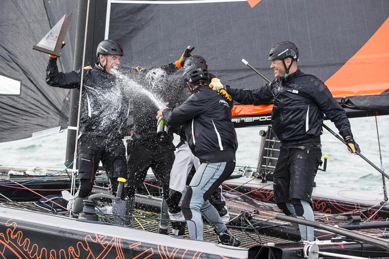 Celebrations on ARMIN STROM Sailing Team on day 3 of GC32 Cowes Cup photo copyright Sander van der Borch taken at  and featuring the GC32 class