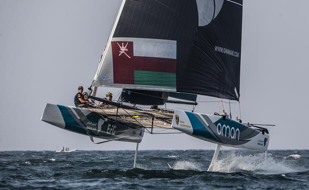 Oman Air takes to the skies on the opening day of the GC32 Championship photo copyright Jesús Renedo / GC32 Championship Oman 2017 taken at Oman Sail and featuring the GC32 class