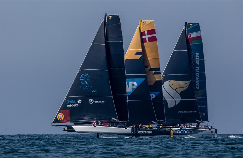 The eleven GC32s were fully foiling on day 3 at the GC32 Championship photo copyright Jesús Renedo / GC32 Championship Oman 2017 taken at Oman Sail and featuring the GC32 class