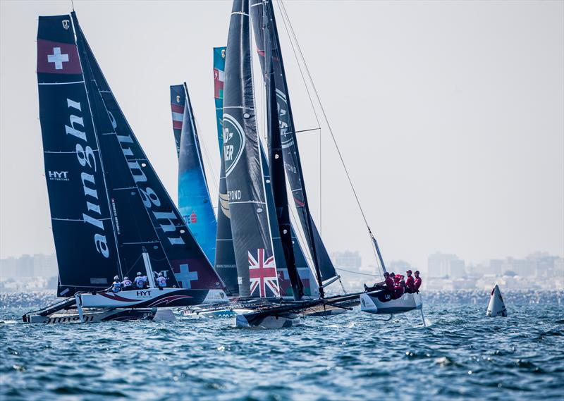 Land Rover BAR Academy scored a fourth on day 3 at the GC32 Championship photo copyright Jesús Renedo / GC32 Championship Oman 2017 taken at Oman Sail and featuring the GC32 class