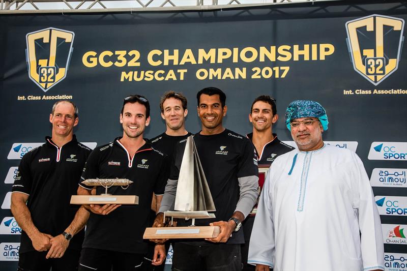 Oman Air's winning crew with Rashid Al Kindi, Chairman of the Oman Sailing Committee and Vice President of the Asian Sailing Federation photo copyright Jesús Renedo / GC32 Championship Oman 2017 taken at Oman Sail and featuring the GC32 class