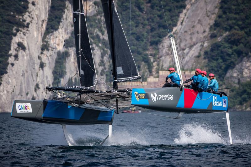 Iker Martinez's I'M Racing Movistar won today's first race on day 2 of the GC32 Riva Cup photo copyright Jesus Renedo / GC 32 Racing Tour taken at Fraglia Vela Riva and featuring the GC32 class