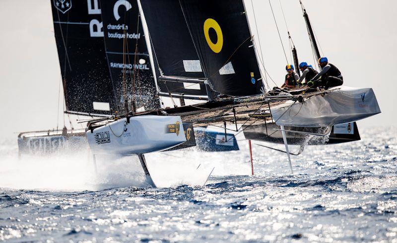 Erik Maris' Zoulou leads the owner-driver championship and is tied overall for the lead after day 1 of the GC32 Villasimius Cup photo copyright Sailing Energy / GC32 Racing Tour taken at  and featuring the GC32 class