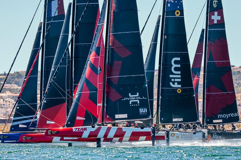 Dramatic, packed, 10 boat reaching starts on day 2 of the GC32 Racing Tour Lagos Cup photo copyright Sailing Energy / GC32 Racing Tour taken at Clube de Vela de Lagos and featuring the GC32 class