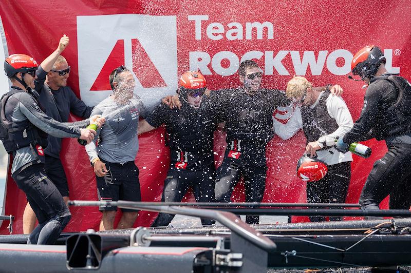 Celebrations for the crew of Team Rockwool Racing at the GC32 Lagos Cup 2023 photo copyright GC32 Racing Tour / Tó Mané taken at  and featuring the GC32 class