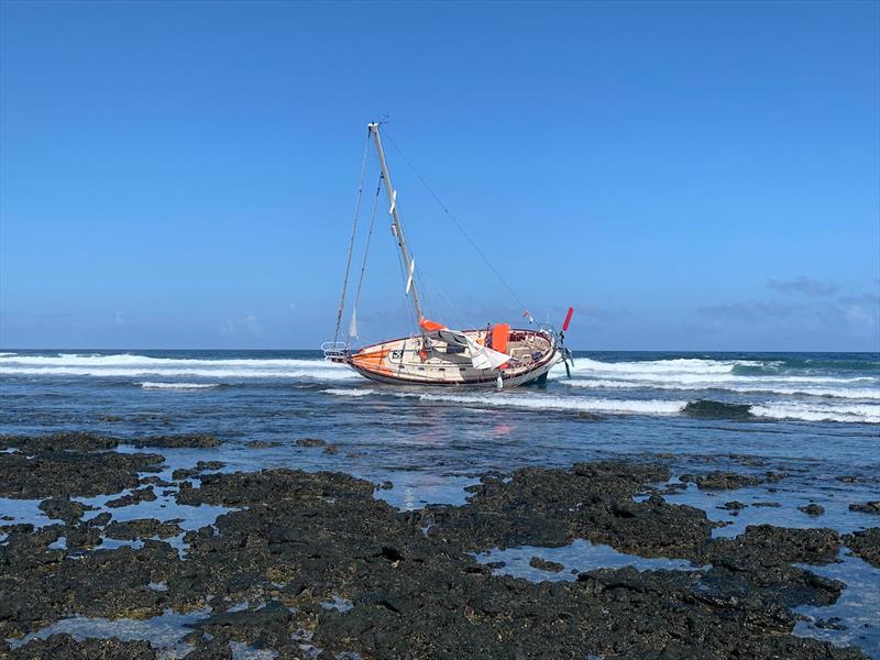 Guy deBoer (USA) crashes into rocks at night on the north coast of Fuerteventura, Las Palmas in the Canaries, his yacht now stranded but he is safe. Salvage under investigation photo copyright GGR2022 / Alex Craig taken at  and featuring the Golden Globe Race class