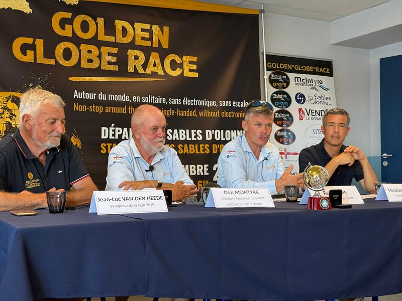 From left: Jean-Luc Van Den Heede, winner of the 2018 GGR; Don McIntyre, GGR founder and Race Director; Keri Harris, Assistant Race Director, who did a brilliant job interpreting between English & French; Nicolas Chénéchaud, Mayor of Les Sables-d'Olonne - photo © JJ / GGR2026