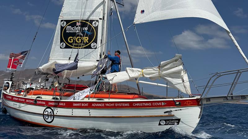 One of three skippers expected to face the worst of the storm. American sailor Gunnar Christensen works at the mast of his Hans Christian 34 cutter POMPOEN during the Lanzarote film drop - photo © Don McIntyre / GGR2026