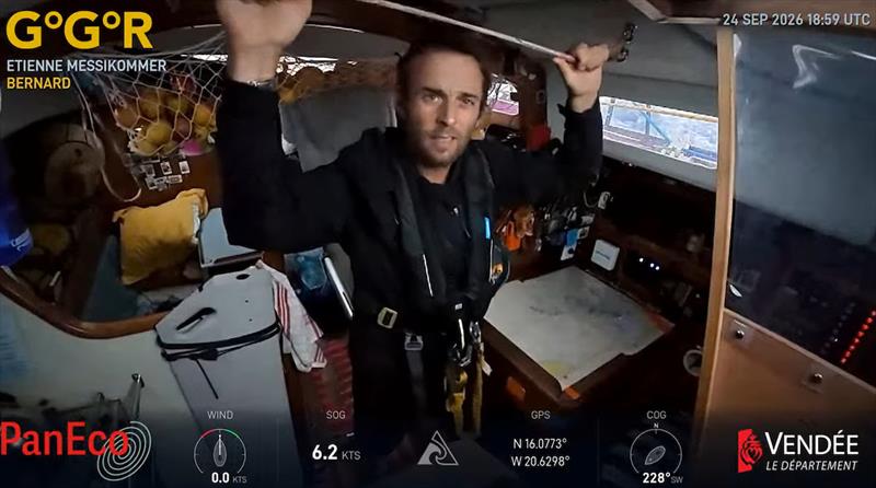 Holding on as the seas build. Swiss skipper Etienne Messikommer steadies himself below deck aboard BERNARD in this GGR Window LIVE image from 24 September - photo © GGR2026