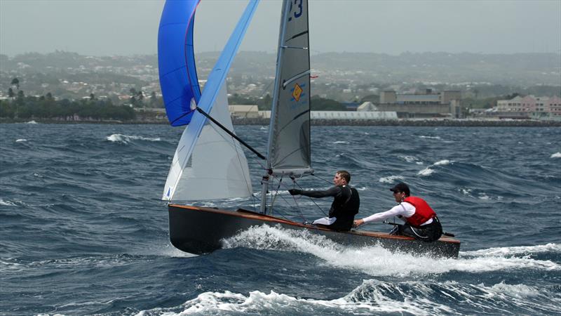 Current overall leaders Nick Craig and Toby Lewis on day 4 of the GP14 World Championships in Barbados photo copyright Peter Marshall taken at Barbados Yacht Club and featuring the GP14 class