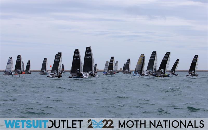Race 2 Start on Day 1 of the 2022 Wetsuit Outlet UK Moth Class Nationals at the WPNSA photo copyright Mark Jardine / IMCA UK taken at Weymouth & Portland Sailing Academy and featuring the International Moth class
