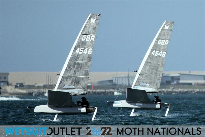 Alex Adams and James Gray on Day 2 of the 2022 Wetsuit Outlet UK Moth Class Nationals at the WPNSA photo copyright Mark Jardine / IMCA UK taken at Weymouth & Portland Sailing Academy and featuring the International Moth class