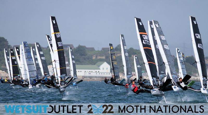 Race 5 Start on Day 2 of the 2022 Wetsuit Outlet UK Moth Class Nationals at the WPNSA photo copyright Mark Jardine / IMCA UK taken at Weymouth & Portland Sailing Academy and featuring the International Moth class