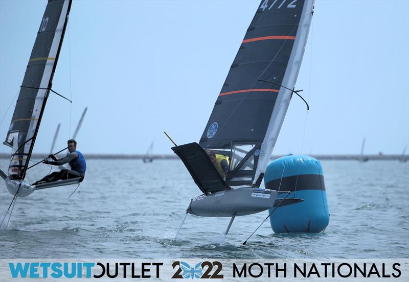 Simon Hiscocks mid-tack with Dylan Fletcher just behind in Race 14 on Day 4 of the 2022 Wetsuit Outlet UK Moth Class Nationals at the WPNSA photo copyright Mark Jardine / IMCA UK taken at Weymouth & Portland Sailing Academy and featuring the International Moth class