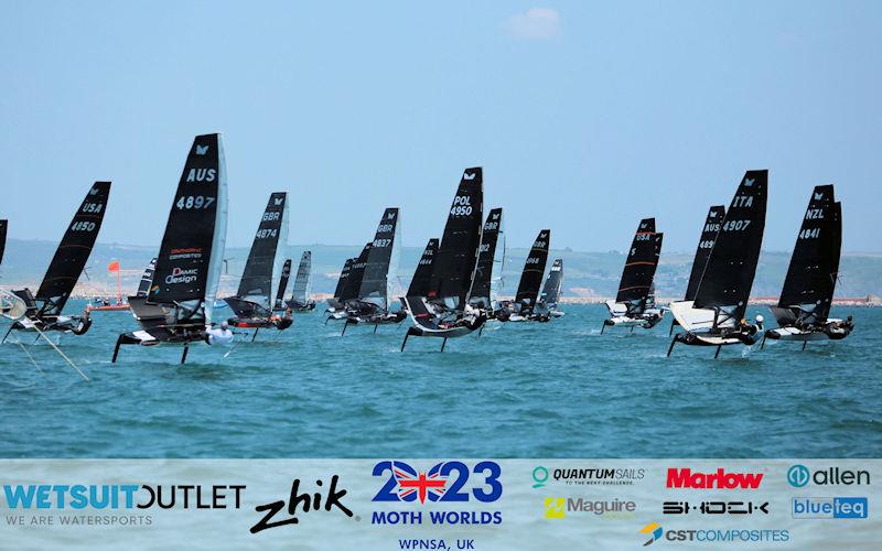 Yellow Fleet Start on Day 1 of the Wetsuit Outlet and Zhik International Moth UK Open Championship 2023 photo copyright Mark Jardine / IMCA UK taken at Weymouth & Portland Sailing Academy and featuring the International Moth class