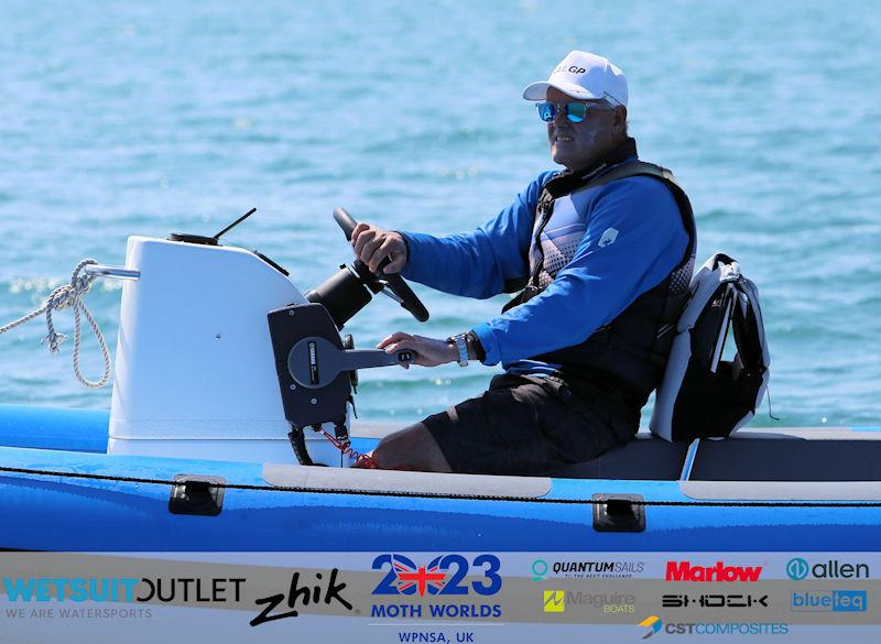 Russell Coutts watches on Day 1 of the Yellow Fleet Start on Day 1 of the Wetsuit Outlet and Zhik International Moth UK Open Championship 2023 photo copyright Mark Jardine / IMCA UK taken at Weymouth & Portland Sailing Academy and featuring the International Moth class