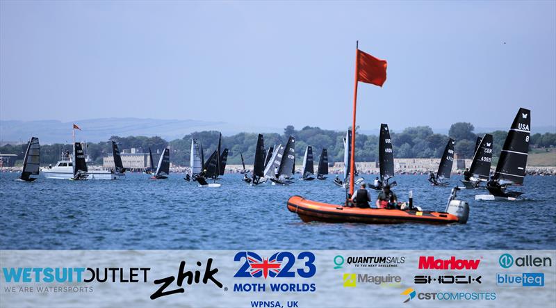Not enough wind to start a race - Wetsuit Outlet and Zhik International Moth World Championship 2023 Day 1 photo copyright Mark Jardine / IMCAUK taken at Weymouth & Portland Sailing Academy and featuring the International Moth class