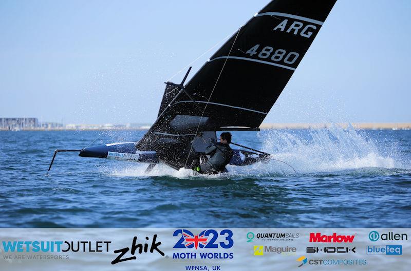 Mario Segers, ARG 4880, on day 3 of the Wetsuit Outlet and Zhik International Moth World Championship 2023 photo copyright Mark Jardine / IMCAUK taken at Weymouth & Portland Sailing Academy and featuring the International Moth class
