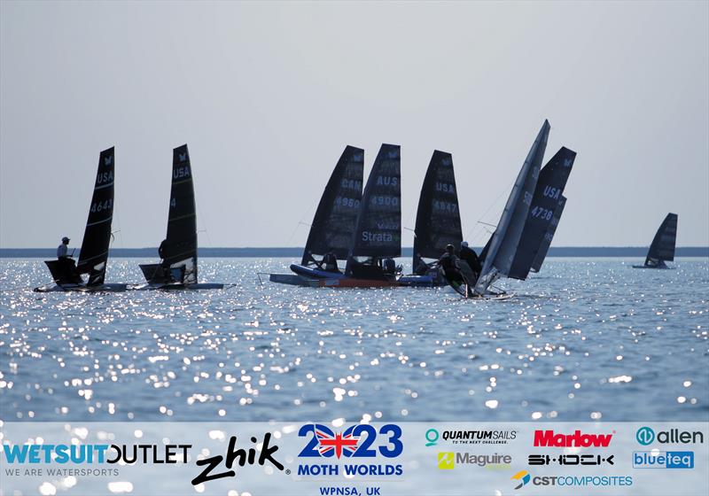 Moths lowriding on day 4 of the Wetsuit Outlet and Zhik International Moth World Championship 2023 photo copyright Mark Jardine / IMCAUK taken at Weymouth & Portland Sailing Academy and featuring the International Moth class
