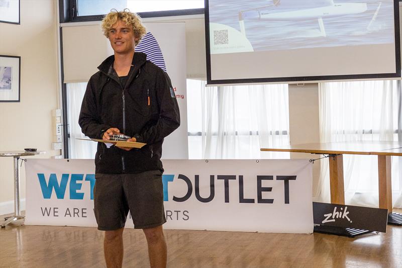 Wetsuit Outlet and Zhik International Moth World Championship 2023 Prize Giving - 1st placed Jacob Pye photo copyright Phil Jackson / Digital Sailing taken at Weymouth & Portland Sailing Academy and featuring the International Moth class