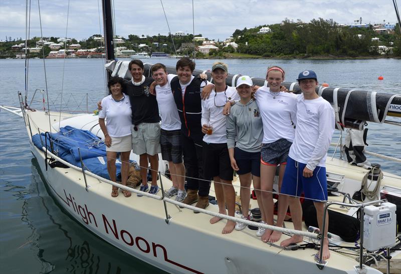 Commodore of the Royal Bermuda YC with young crew of High Noon who took elapsed time honours within the traditional fleet of the Newport Bermuda Race photo copyright Barry Pickthall / PPL taken at Royal Bermuda Yacht Club and featuring the IRC class