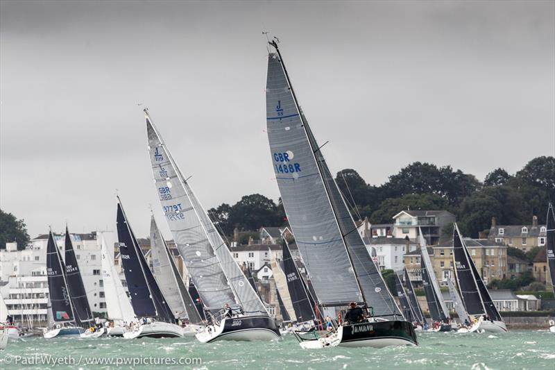 IRC Three and Four start with Jumunu, GBR 1488, in the foreground during RORC Race the Wight photo copyright Paul Wyeth / www.pwpictures.com taken at Royal Ocean Racing Club and featuring the IRC class