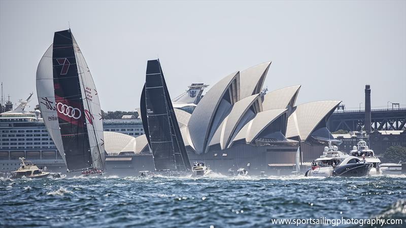 Wild Oats XI & Black Jack at the finish in yesterday's SOLAS race - photo © Beth Morley / www.sportsailingphotography.com